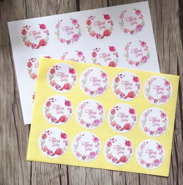 Floral Round Paper Labels 'Thank you' Flower Gift Food Craft Stickers Seal