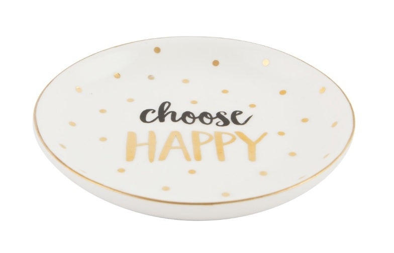 CHOOSE HAPPY CERAMIC TRINKET DISH METALLIC MONOCHROME GIFT