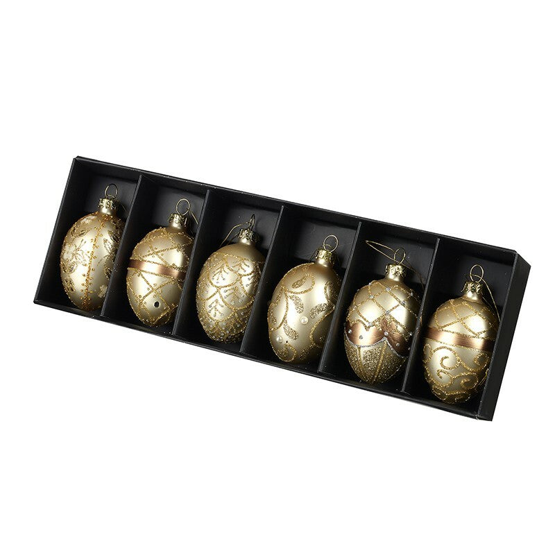 Glass Handcrafted Baubles Premium Traditional Christmas Tree Decoration - 6 Gold Glass Hanging Oval Bauble Set
