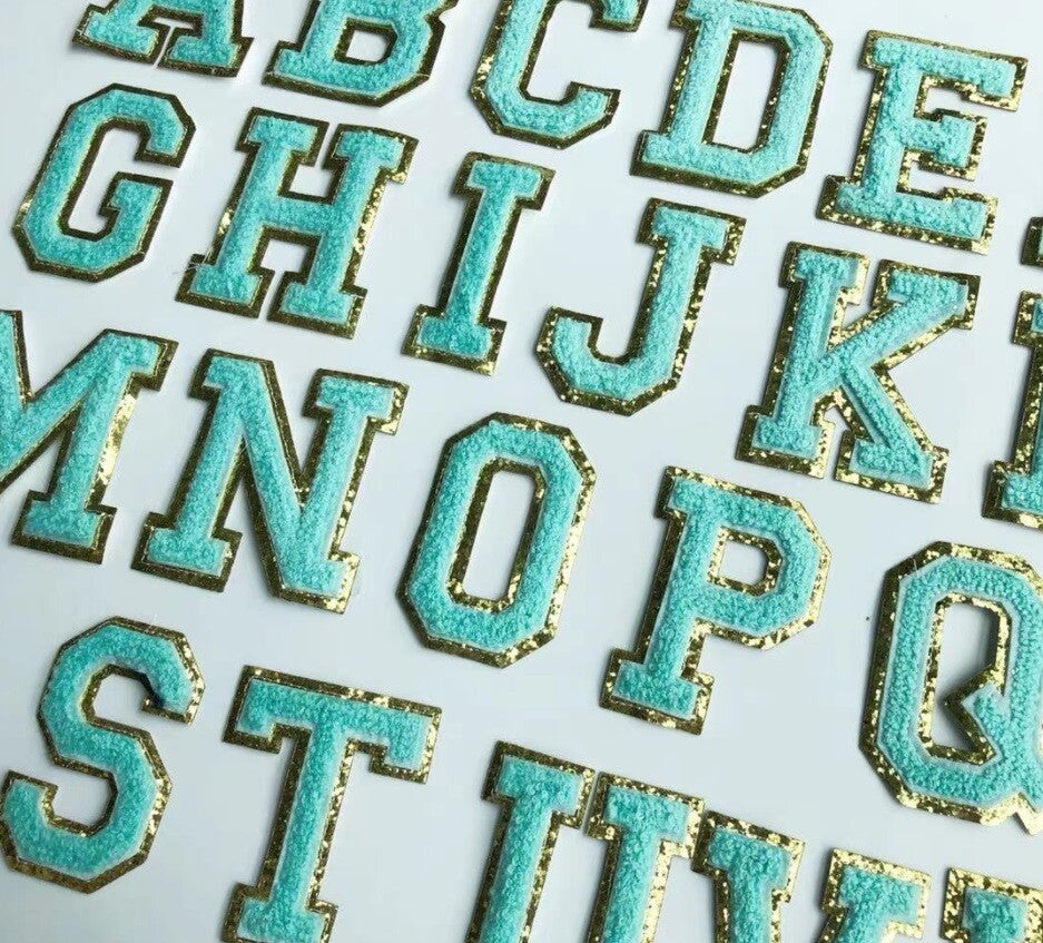 8cm Large 3D Blue & Gold Chenille Patch Letter Patches Iron Sew on Alphabet