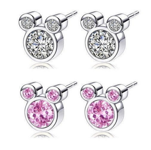 CZ Crystal Clear & Pink Mouse Ears Stud Earrings 8x8mm & Gift Box
