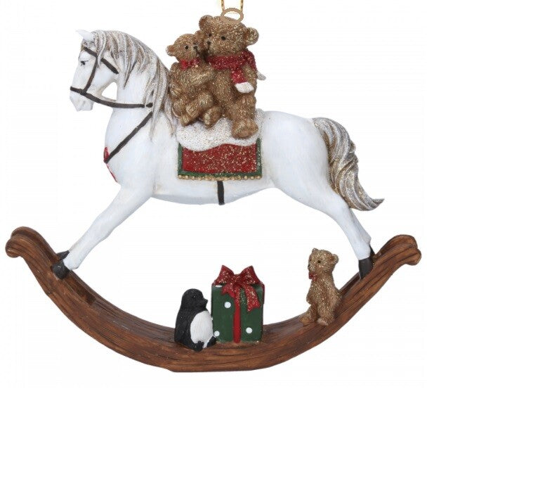 Handcrafted Tree Ornaments Baubles Premium Traditional Christmas Tree Decoration - Set of 2 Teddies on Rocking Horse