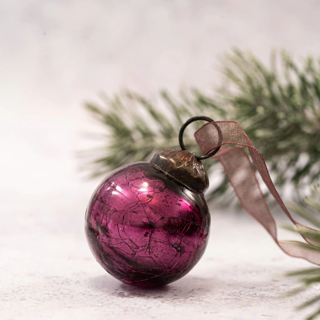 6 Pack Small Glass Handcrafted Baubles Premium Traditional Christmas Tree Craft - Set of 6 Small Mulberry Crackle Glass Baubles