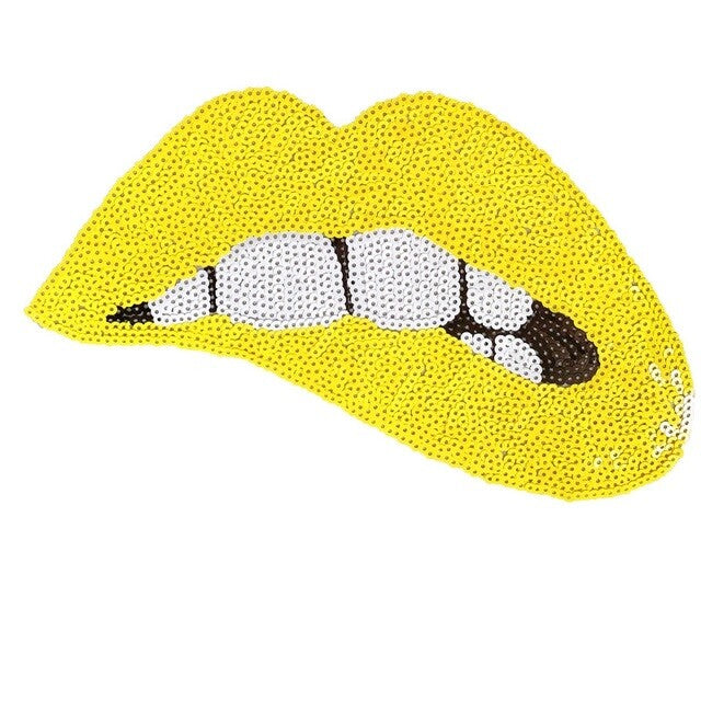 Large Rose Gold Silver Pink Lips Mouth Pop Art Lip Sequin Iron on Sew on Patch - Yellow - Iron On