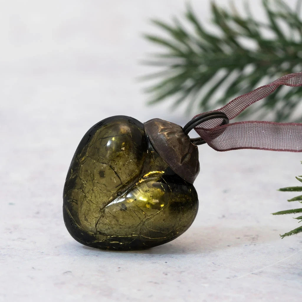 6 Pack Small Glass Handcrafted Baubles Premium Traditional Christmas Tree Craft - 6 Olive Hearts