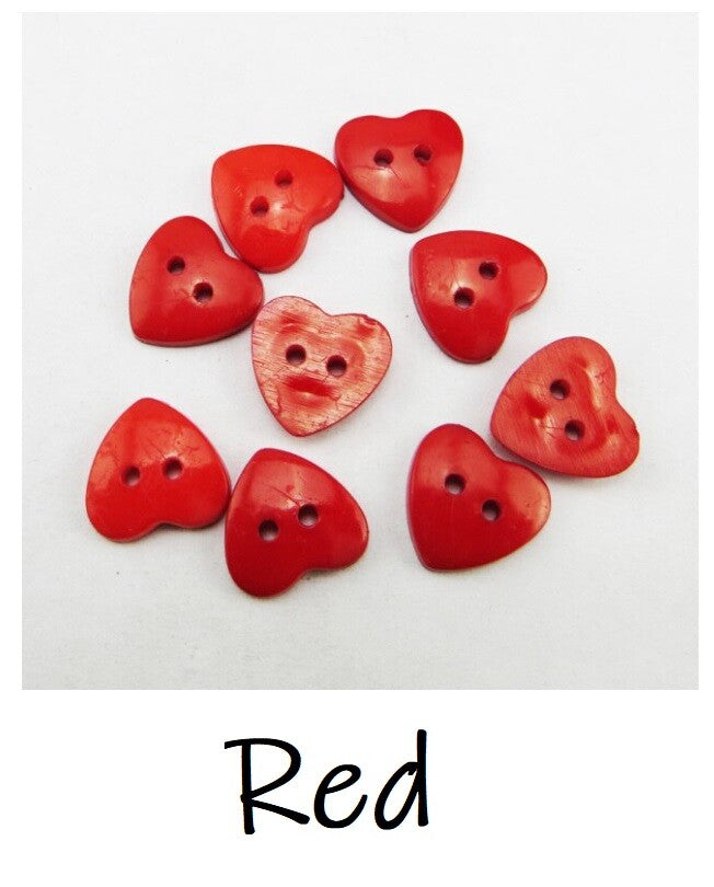 Heart Buttons 11mm - 2 Hole - Sewing Knitting Customise Craft Scrapbook - Red