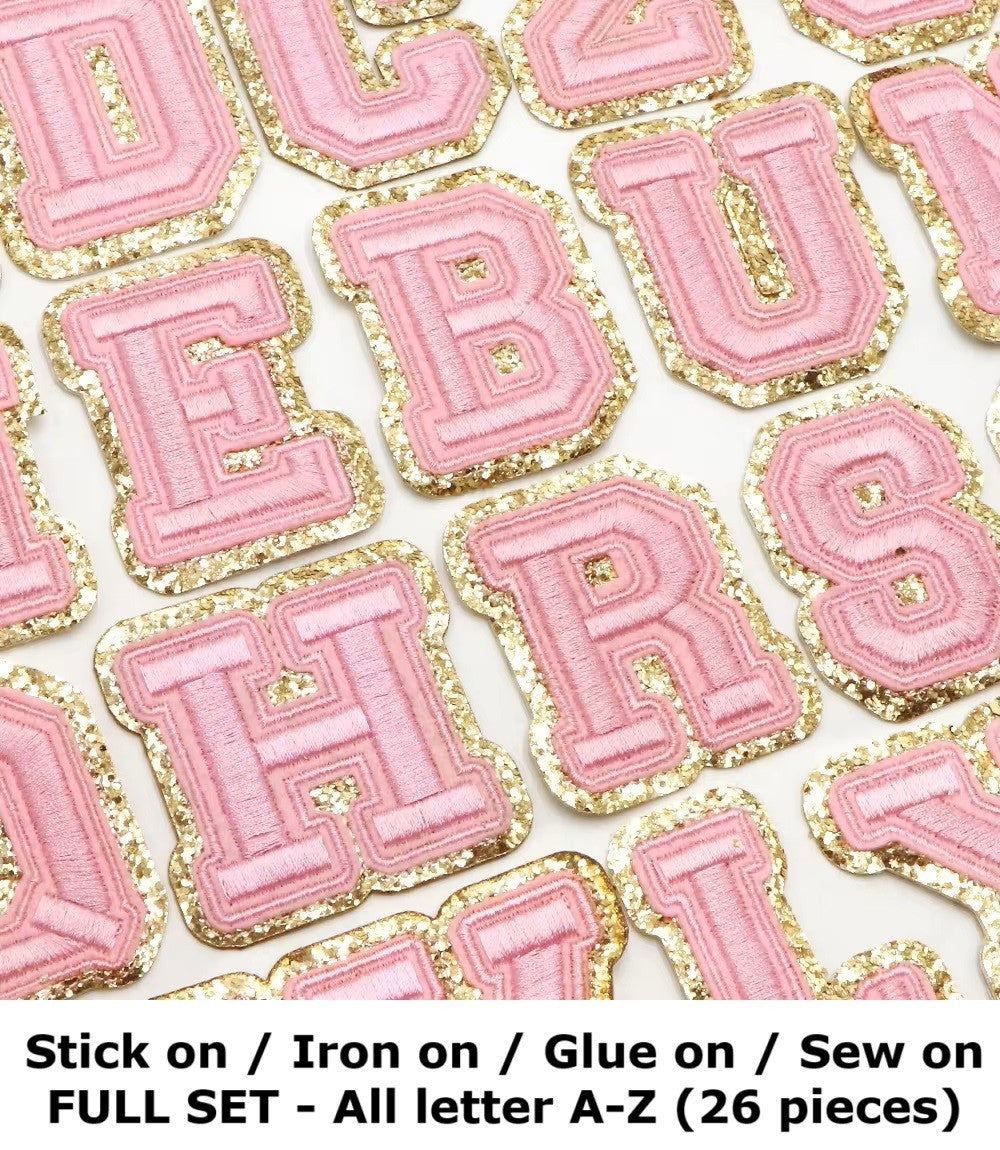 3D Pink & Gold Patch Embroidered Letter Patches Iron on Alphabet 7cm