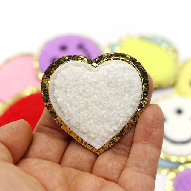 5cm Chenille & Gold Towel Heart Patch Iron on Sew on Customise Clothing Craft