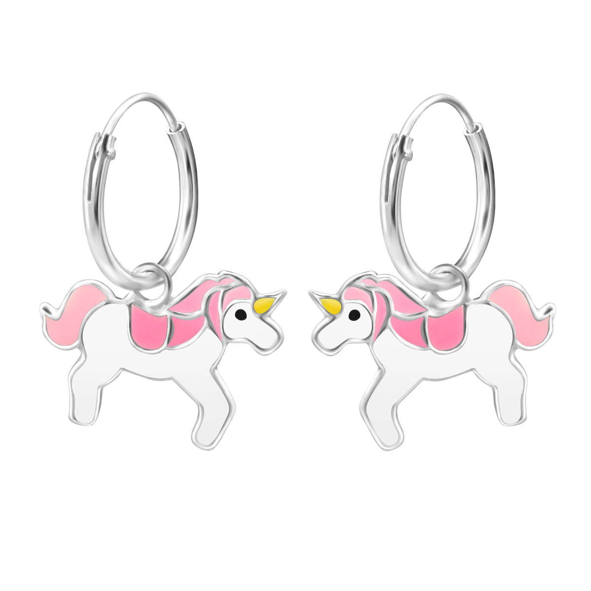 925 Sterling Silver Unicorn Pegasus Earrings & Gift Box - Pink and White Hoops #2
