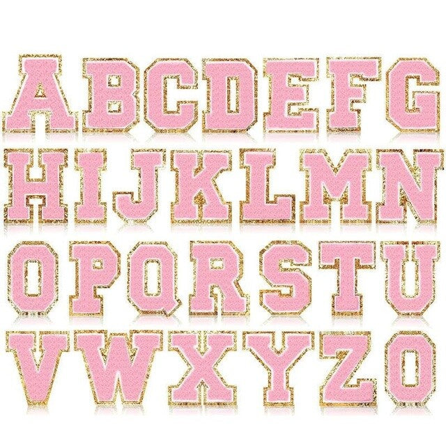 3D Coloured & Gold Chenille Patch Letter Patches Iron on Alphabet 8cm / 80mm - Pastel Pink