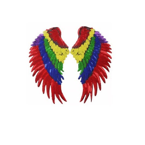 Large Pair Sequins Wings Iron or Sew on Embroidery Patch Customise Clothing 33cm - Multicoloured