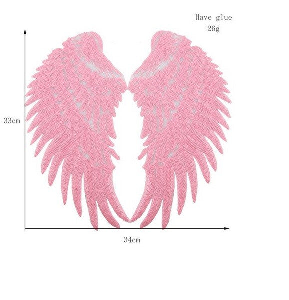 Large Pair Sequins Wings Iron or Sew on Embroidery Patch Customise Clothing 33cm - Pastel Pink