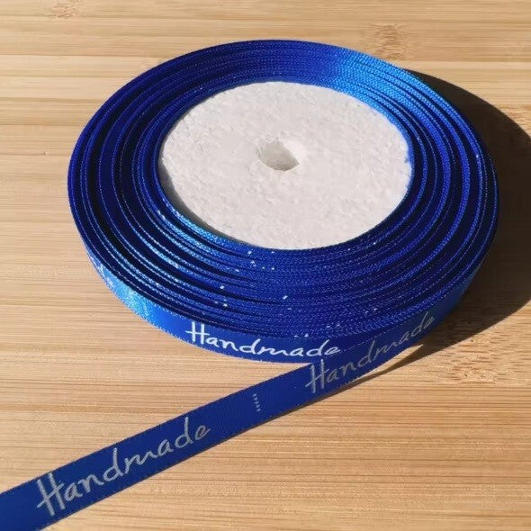 20 Meter Roll " Handmade" Print Satin Ribbon Full Whole Roll Sew On Label - Blue