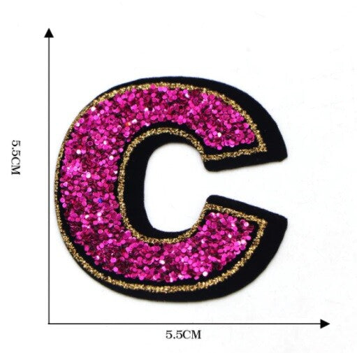 Large Pink Sequins Glitter Letter Patch Iron on Sew on Alphabet Customise 5.5cm - C