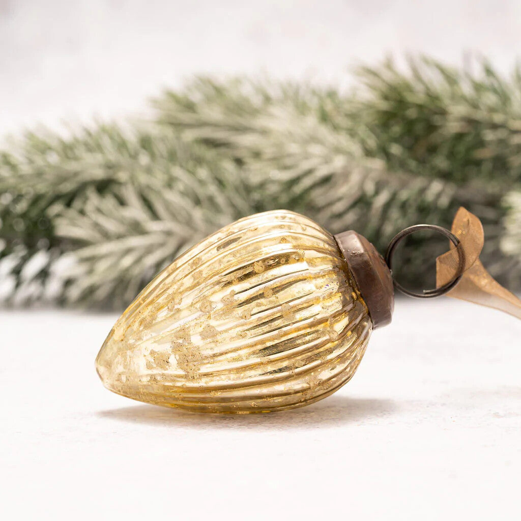 Medium Glass Handcrafted Baubles Premium Traditional Christmas Tree Bauble 5-7cm - Gold Ribbed Glass Pinecone - 1 Bauble