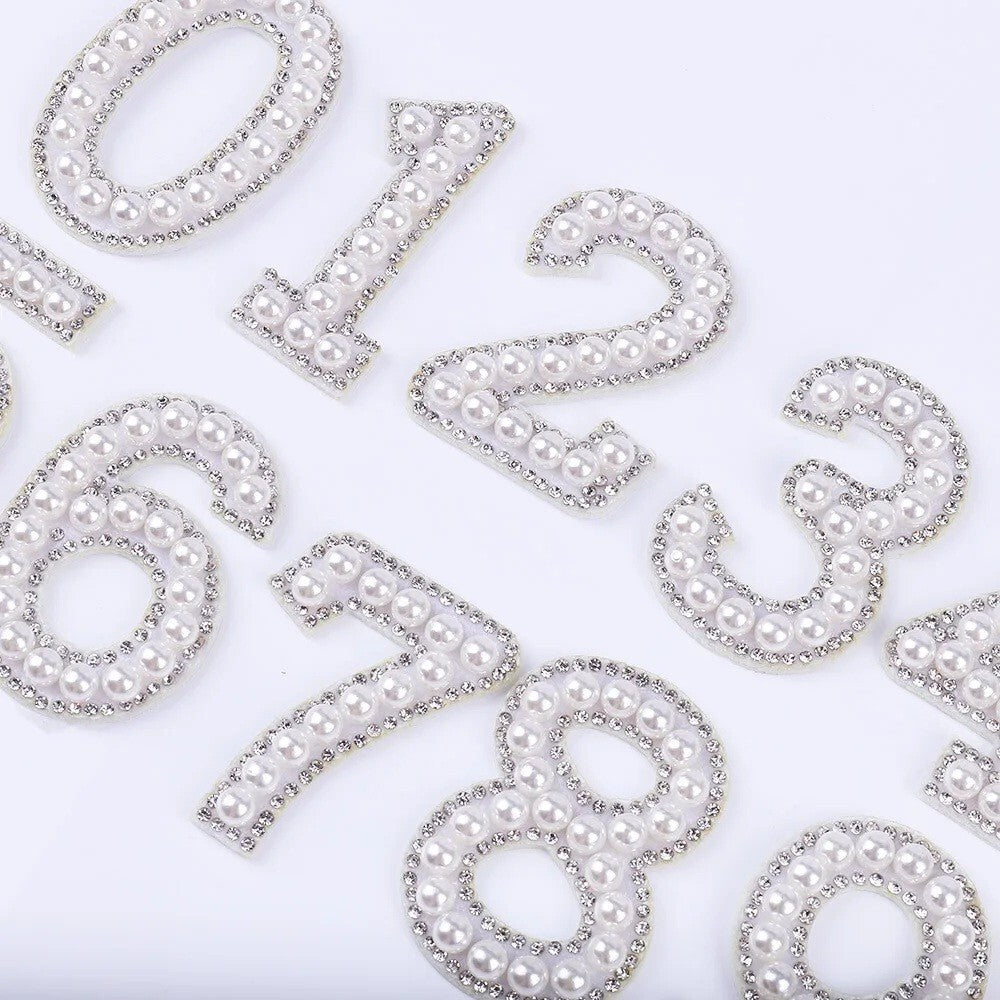 5cm Tall Pearl Number Patch White & Silver Rhinestone Alphabet Numbers Patches