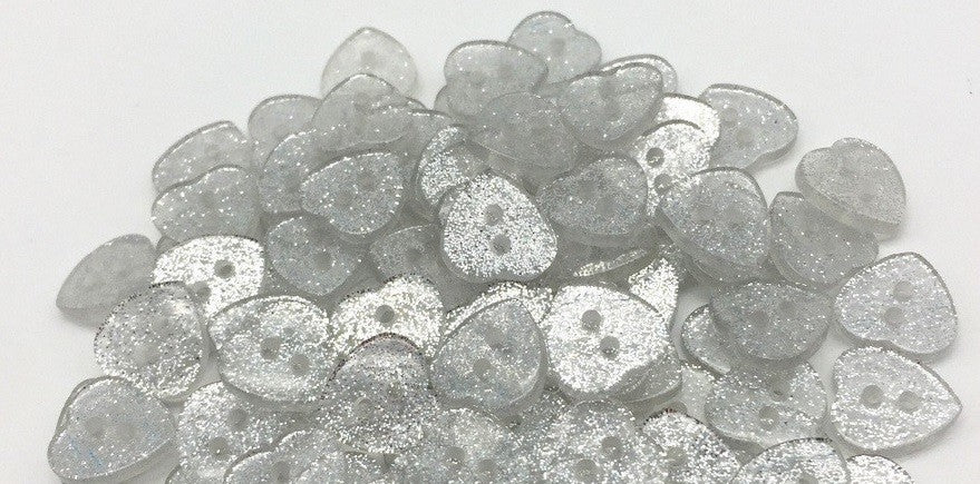 Glitter Heart Buttons Handmade Craft & Sewing Mixed & Non-Mixed 2 Hole 12x13mm - Silver