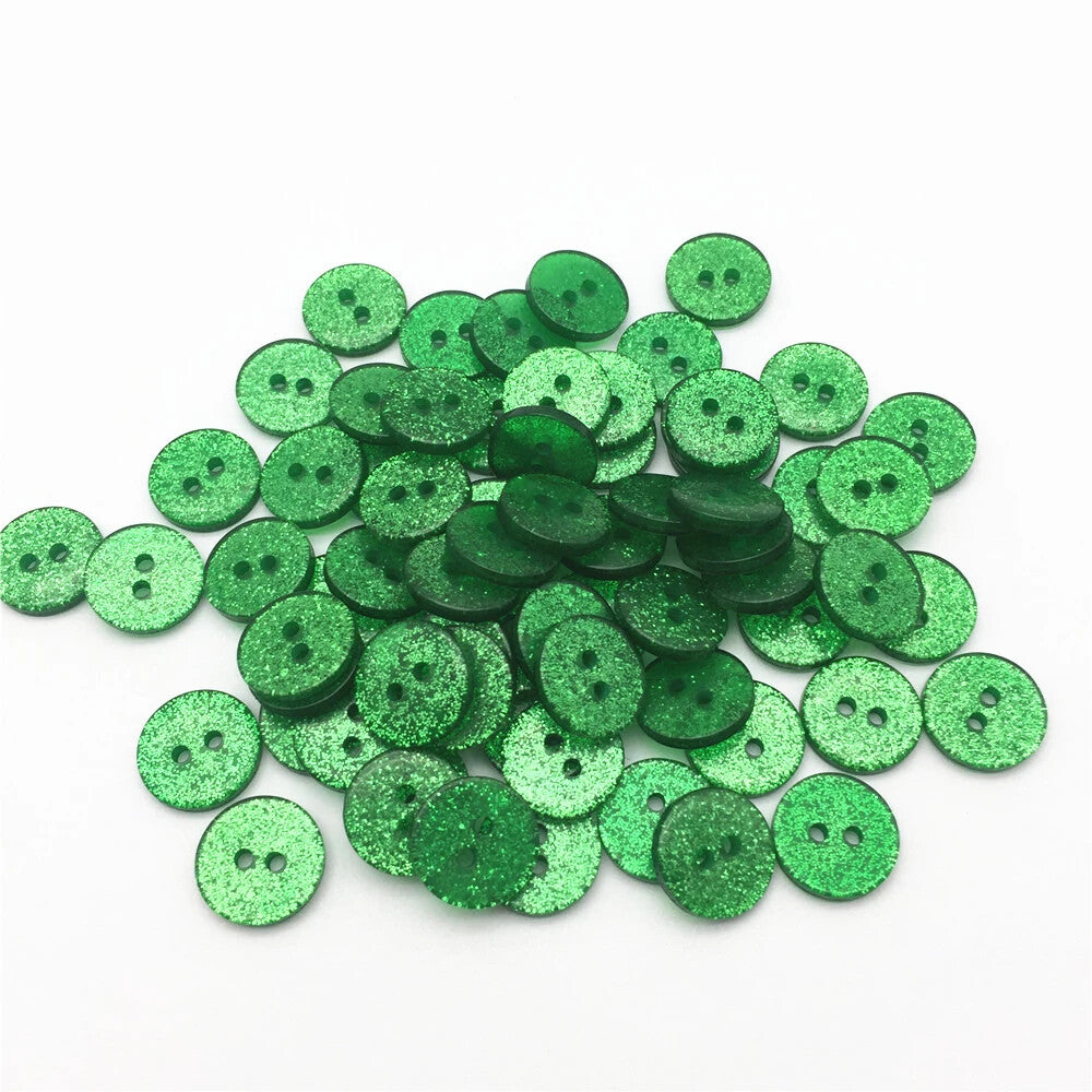 13mm, 15mm or 19mm Glitter Sparkly Buttons - Round - 2 Hole - Sewing - Craft - Dark Green