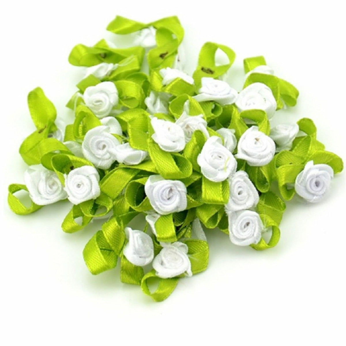 Mini Satin Ribbon Rose Buds Flowers Green Leaf Leaves Craft Wedding Confetti - White