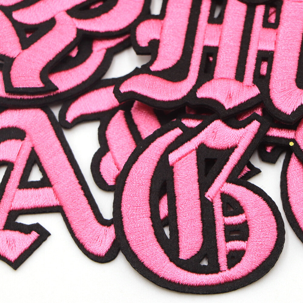 Pink Black Old English Medieval Letter Patch Patches Iron on Alphabet Embroidery
