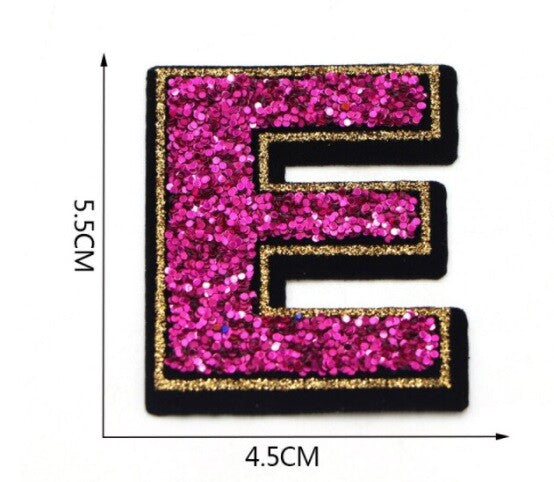 Large Pink Sequins Glitter Letter Patch Iron on Sew on Alphabet Customise 5.5cm - E