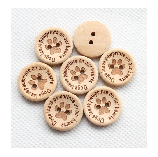Natural Wooden Dogs Paw Prints Hearts Buttons 2 Hole 20mm & 30mm Sewing Craft - 20mm Small