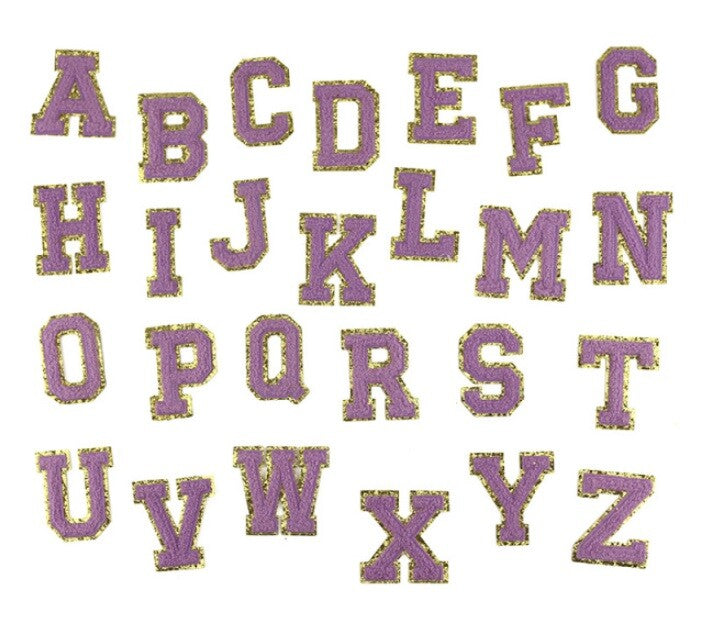 3D Coloured & Gold Chenille Patch Letter Patches Iron on Alphabet 6.5cm / 65mm - Lilac