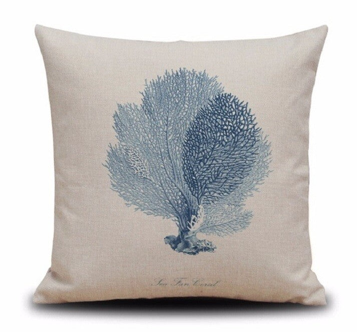 CUSHION COVER DECORATIVE NAUTICAL BEACH CHIC SEAHORSE CORAL DESIGNS 45 x 45 CM - Blue Fan Coral