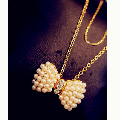 Cute Pearl Bow Crystal Vintage Long Pendant Chain Necklace Fashion Kawaii
