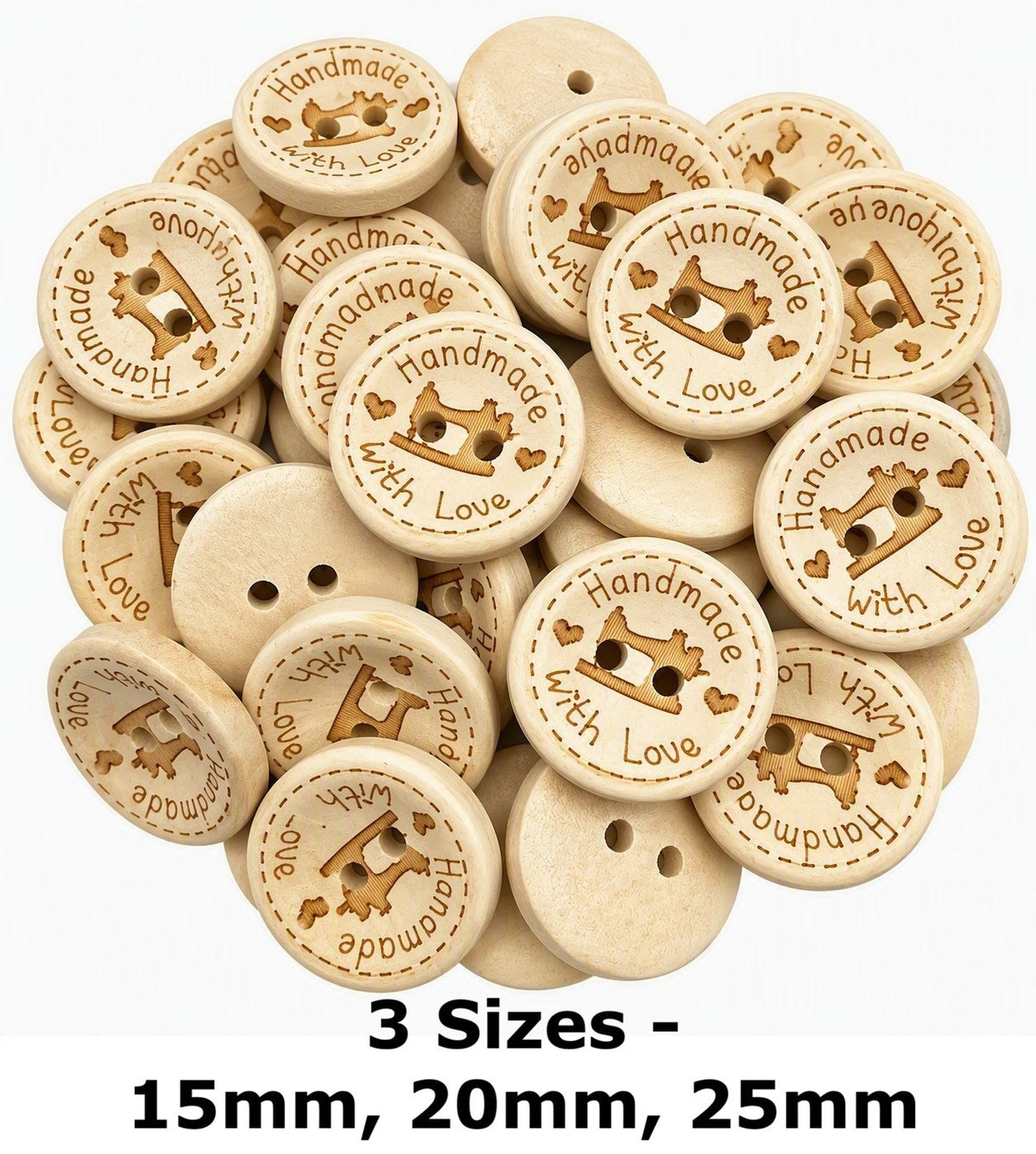 Handmade With Love Natural Wooden Wood Round Buttons - 2 Holes 15mm 20mm 25mm D3