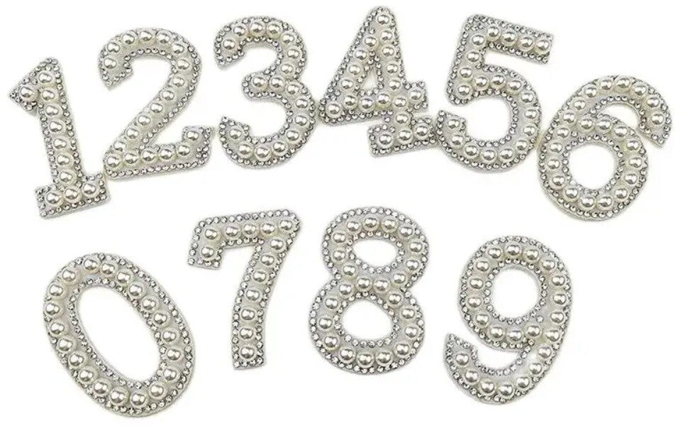 5.5cm Tall Pearl Number Patch White & Silver Rhinestone Alphabet Numbers Patches