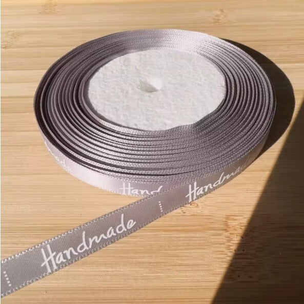 20 Meter Roll " Handmade" Print Satin Ribbon Full Whole Roll Sew On Label - Silver / Grey