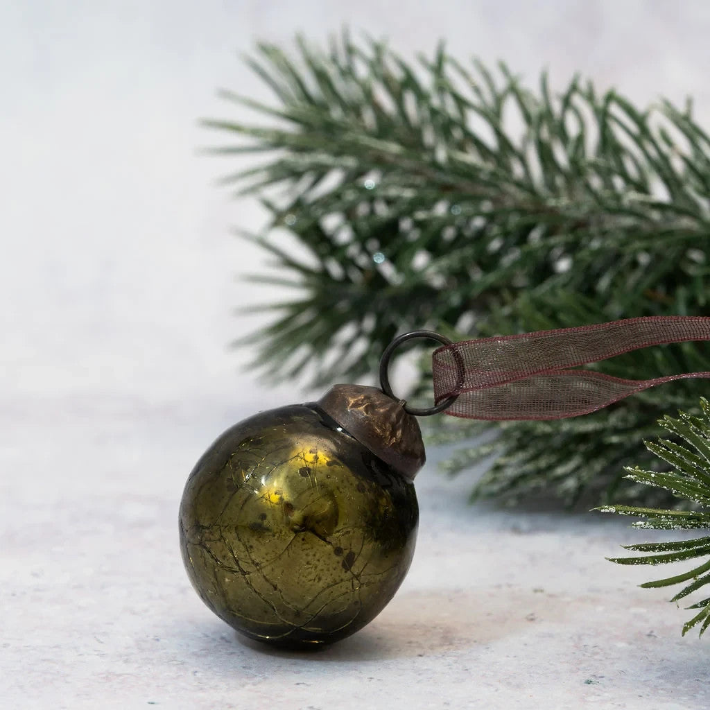 6 Pack Small Glass Handcrafted Baubles Premium Traditional Christmas Tree Craft - 6 Olive Balls