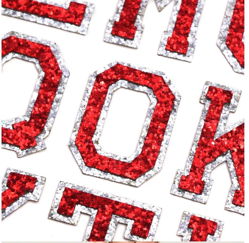 Red & Silver Glitter Varsity Letter Patch Iron or Sew on Alphabet Letters
