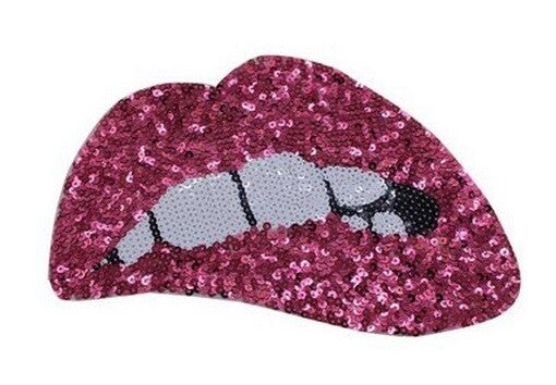 Large Rose Red Pink Fuchsia Green Lips Mouth Pop Art Lip Sequin Sew on Patch - Rose Red Sew On