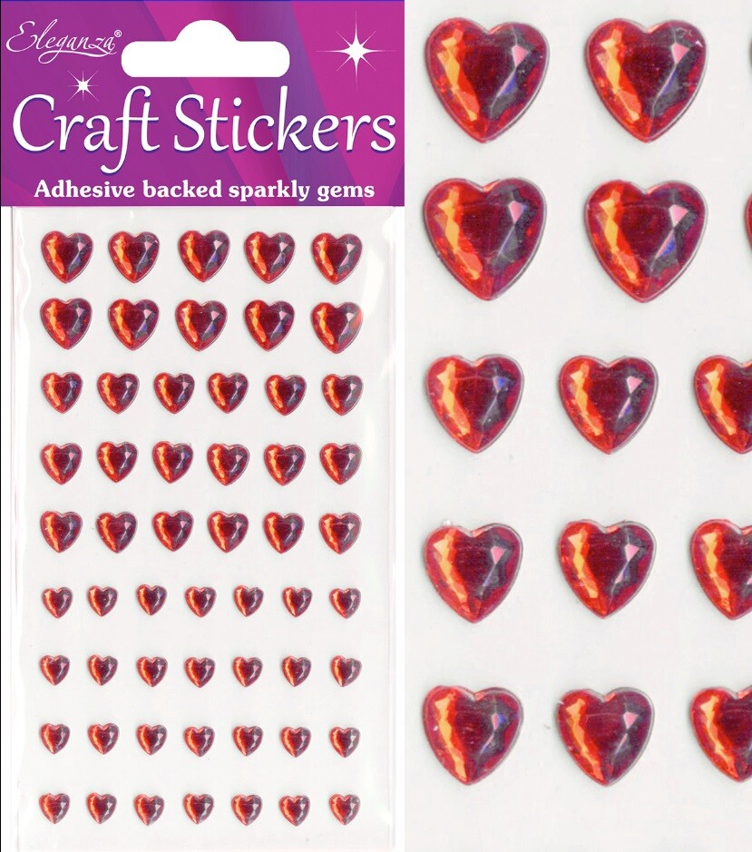 3D Stickers Craft Heart Glitter Gem Craft Embellishments Wedding Self Adhesive - 6-10mm Red 56 Piece Hearts