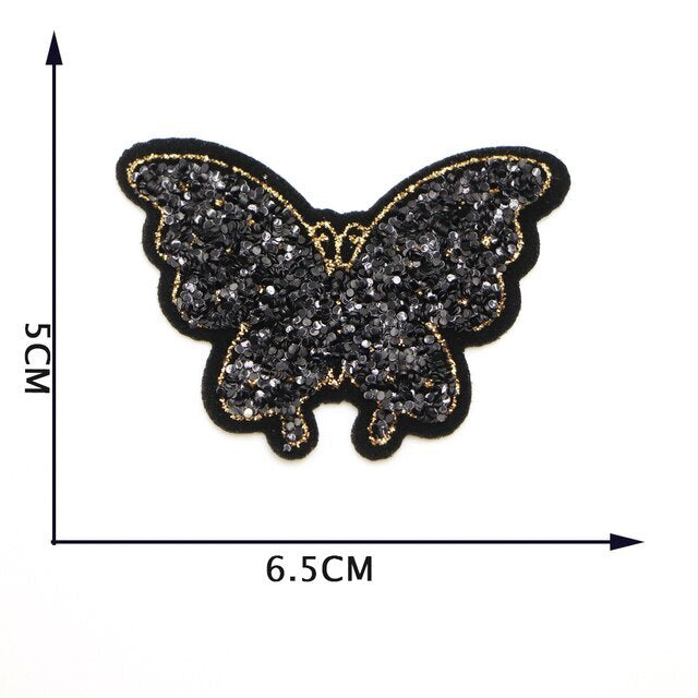 Butterfly Embroidered Iron on Glitter Sequins Patch Customise Clothing Patches - Black
