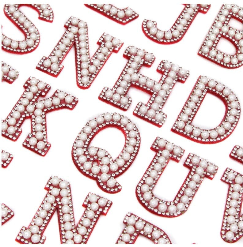 3D Red & Pearl Rhinestone Letter Patch Patches Glue / Sew on Alphabet Crystal