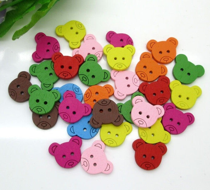 Teddy Bear Buttons Embellishments Scrapbook Craft Customise Clothing Garment - Mixed Colour Wood Bears 1.5x1.4cm
