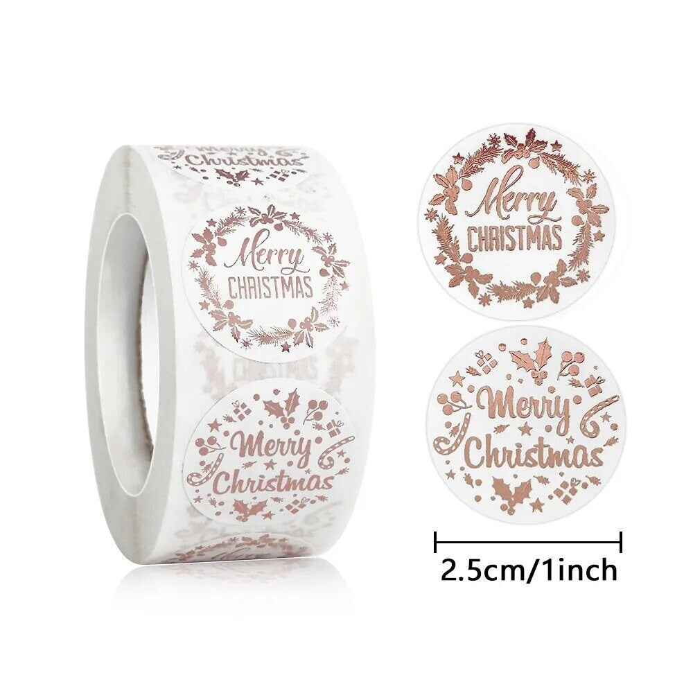 Merry Christmas Happy Xmas White & Rose Gold Labels Stickers Gift Sticker 2.5cm