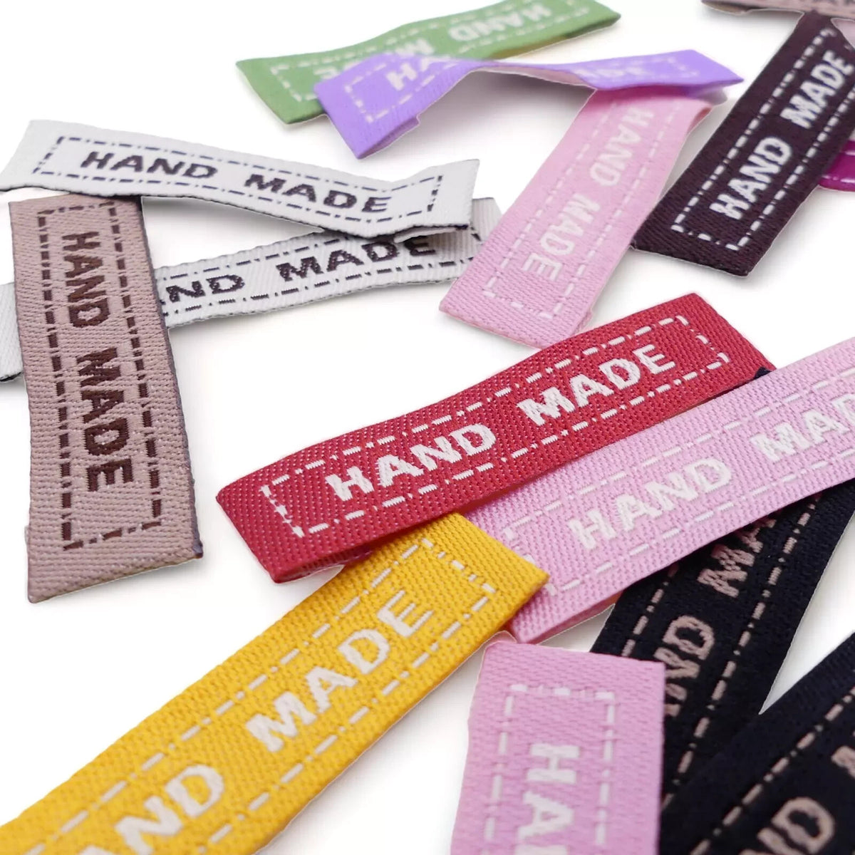 20 Mixed Fabric Labels 'Hand Made' Sew On Garment Clothing Label Tags 45mmx 13mm