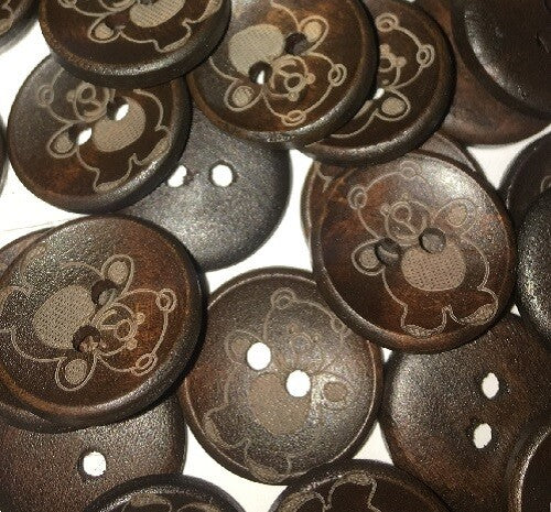 Natural Wooden Teddy Bear Baby Buttons 2 Hole 20mm Sewing Craft Baby Shower Gift - Dark Wood