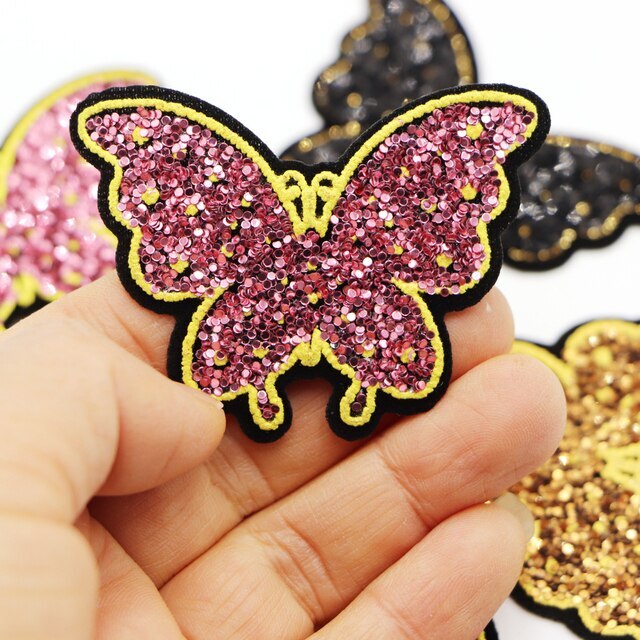 Butterfly Embroidered Iron on Glitter Sequins Patch Customise Clothing Patches - Pink