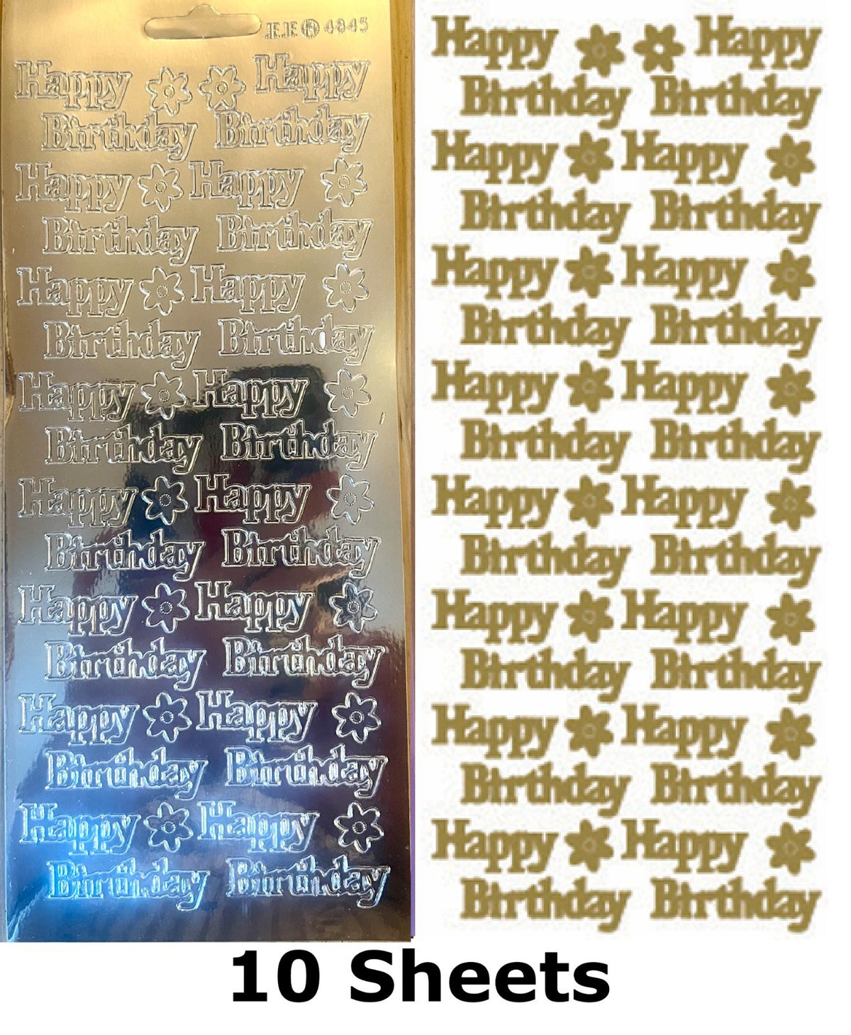 10 Sheets - Silver Happy Birthday Mirror Shine Peel Off Sticker Craft Stickers