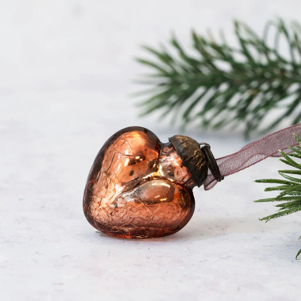 6 Pack Small Glass Handcrafted Baubles Premium Traditional Christmas Tree Craft - Set of 6 Russet Crackle Hearts