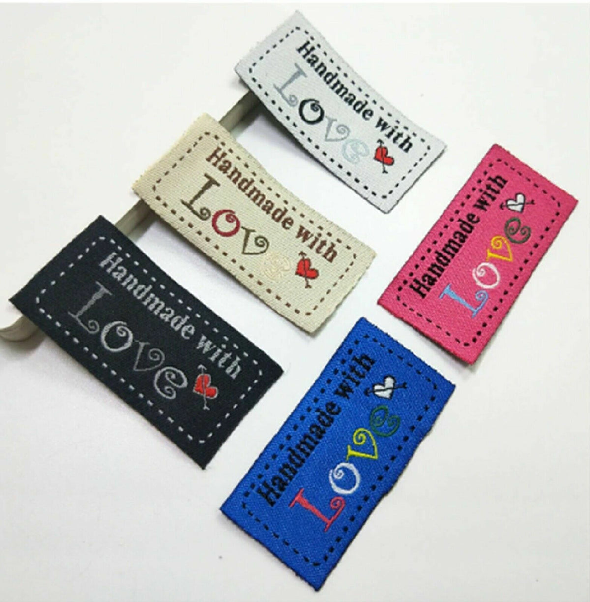 5 Colours Fabric Labels Hand Made With Love Sew On Clothing Label Tags 50x25mm