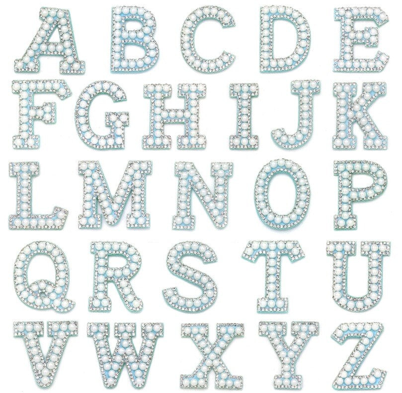 Blue & Pearl Rhinestone Letter Patch Patches Glue on Sew on Alphabet Crystal
