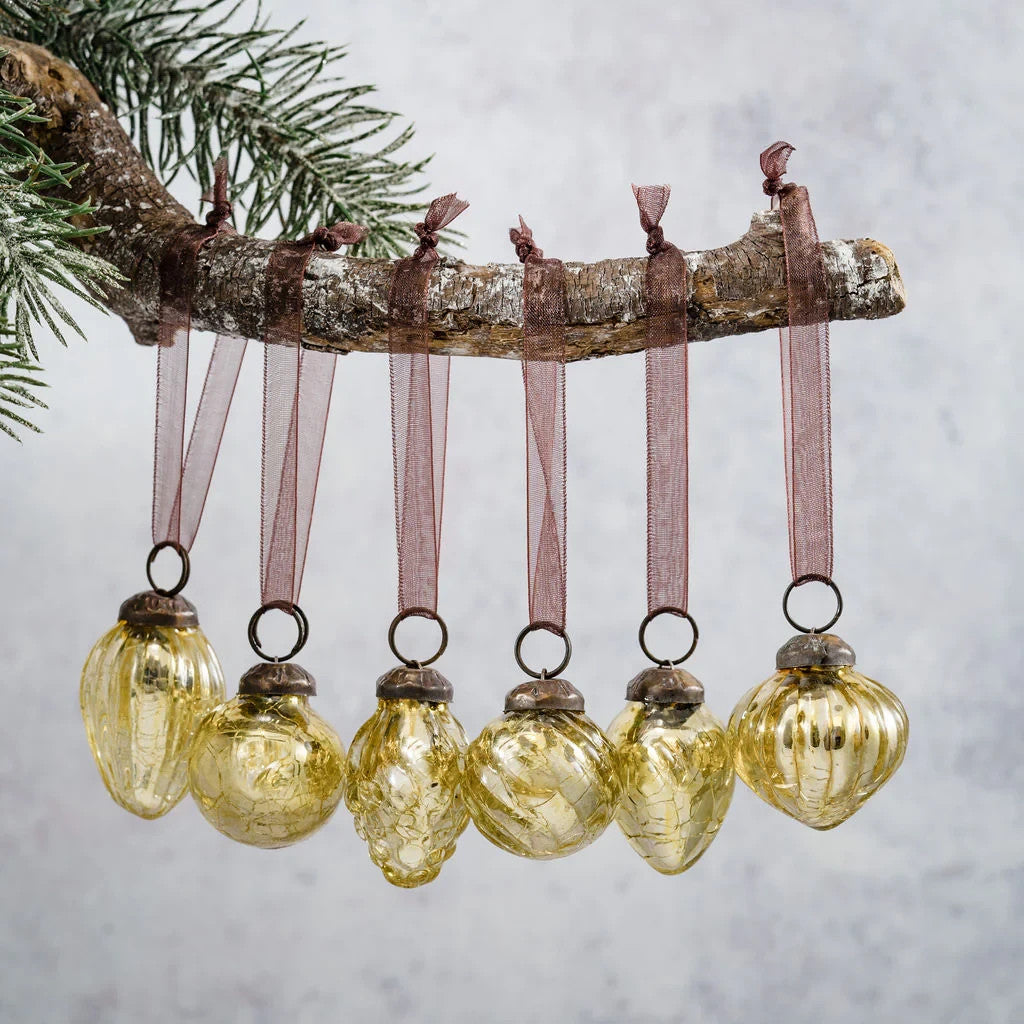 6 Pack Small Glass Handcrafted Baubles Premium Traditional Christmas Tree Craft - Set of 6 Gold Crackle Mix