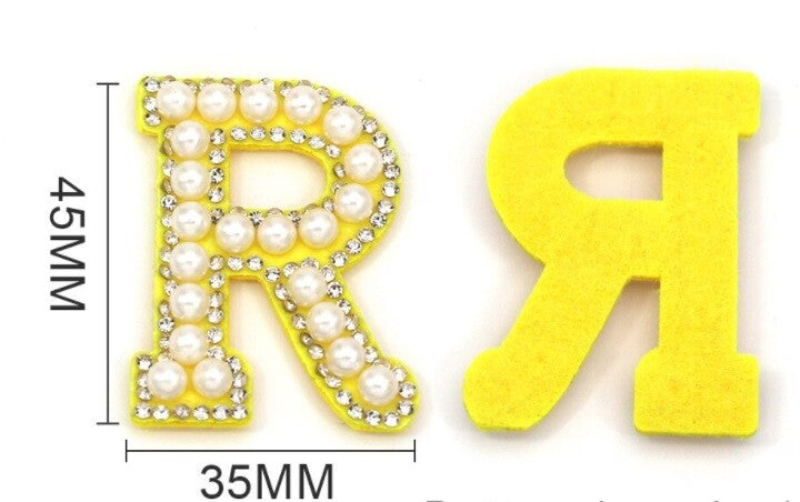3D Yellow & Pearl Rhinestone Letter Patch Patches Glue / Sew on Alphabet Crystal
