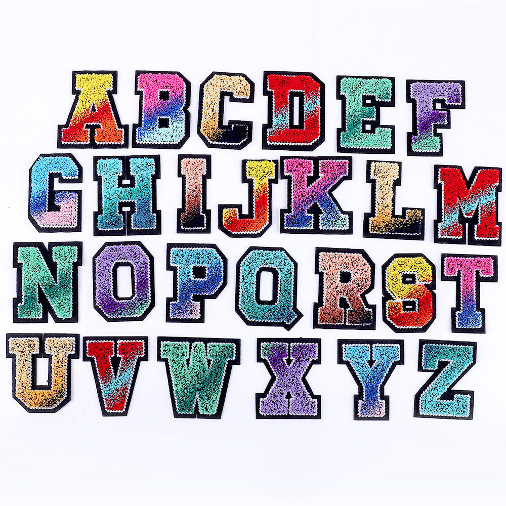 Rainbow Brush Chenille Patch Letter Patches Iron on Sew on Alphabet Embroidery